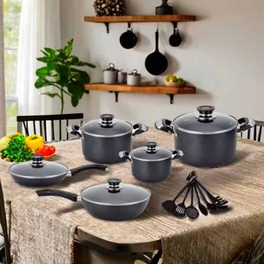 Aluminum Nonstick Cookware Set Eleven Piece Black Color with Double Ear Handles for Home Cooking Manufacturers, Suppliers in Punjab