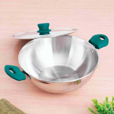 Stainless Steel Deep Frying Kadai Heavy-Bottom Pan with Green Silicone-Coated Handles, Rust and Corrosion Resistant Manufacturers, Suppliers in Delhi